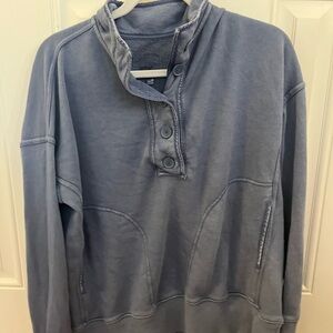 slate blue colored aerie half bottom up top sweater
